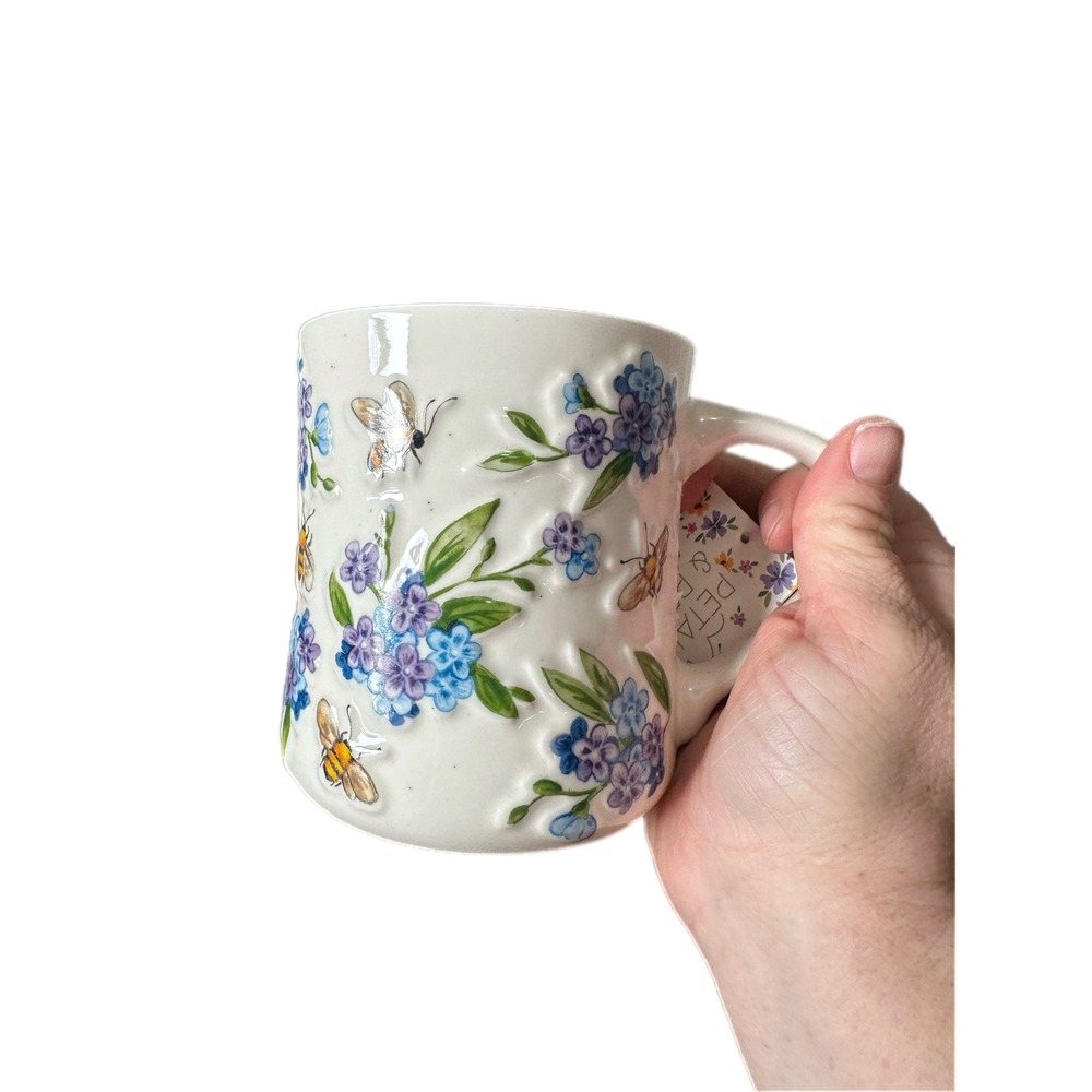 Petal & Pearl Floral Bee Mug White Blue NEW Embossed Ceramic Butterfly Garden